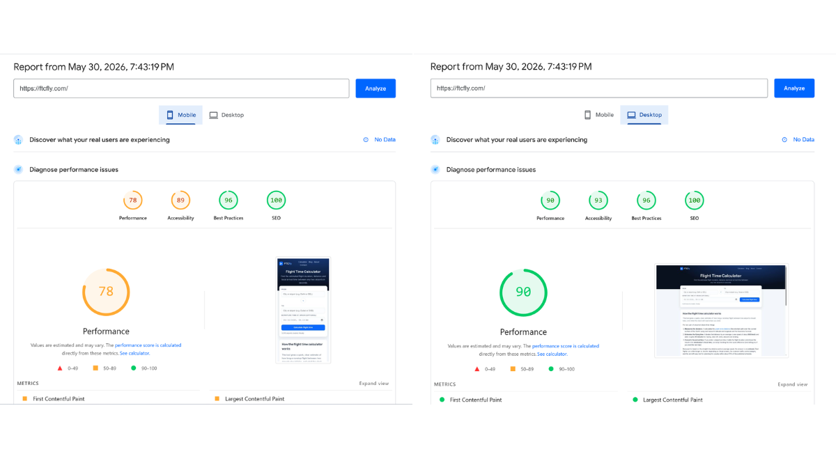 PageSpeed Insights report showing mobile and desktop performance scores for a site we manage