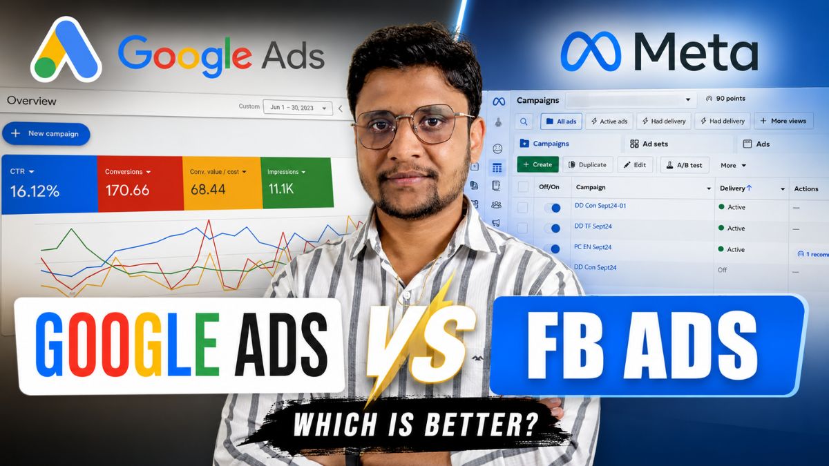 Google Ads dashboard and Meta Ads Manager shown side by side