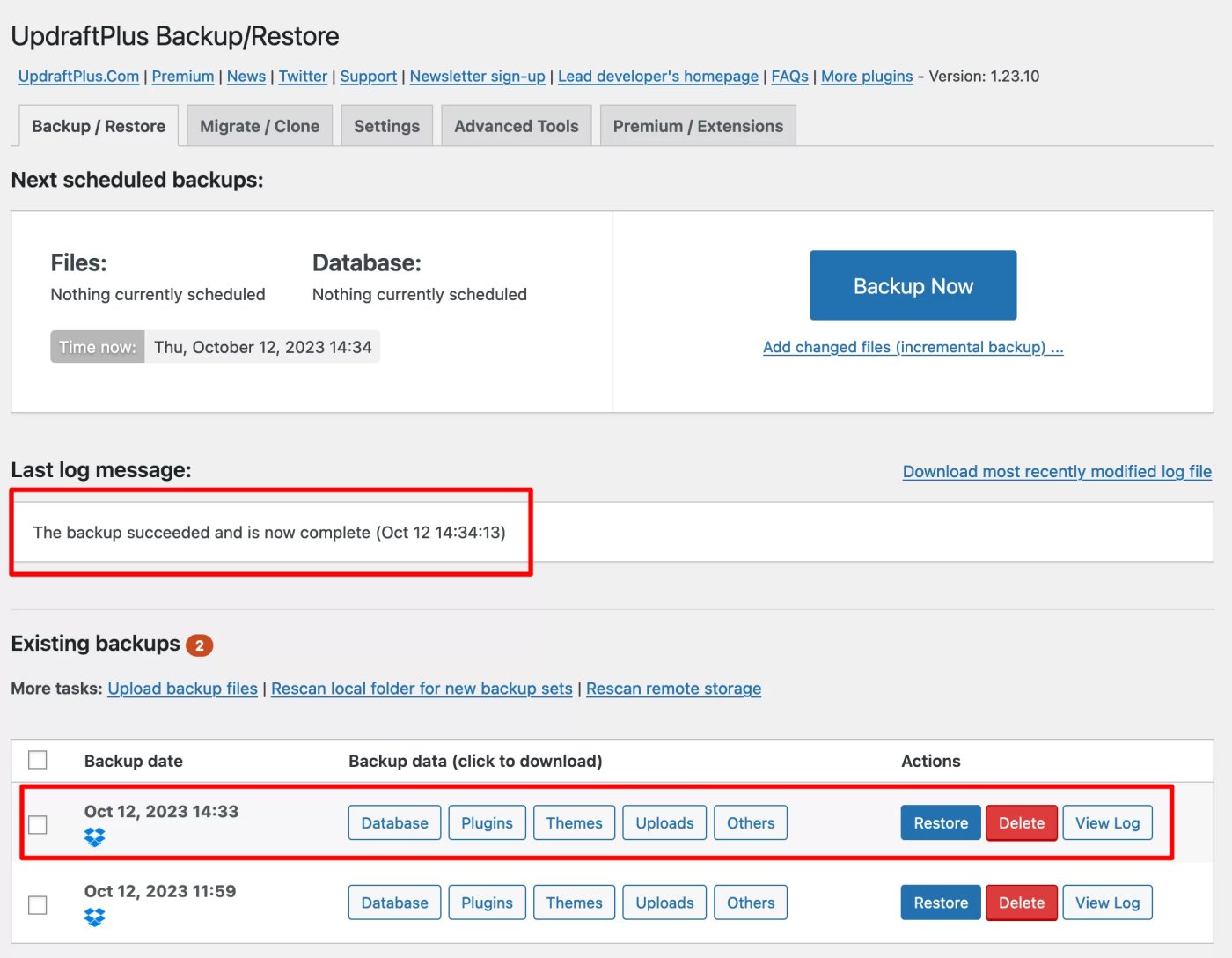 UpdraftPlus Backup/Restore dashboard showing a successful backup log and restore options